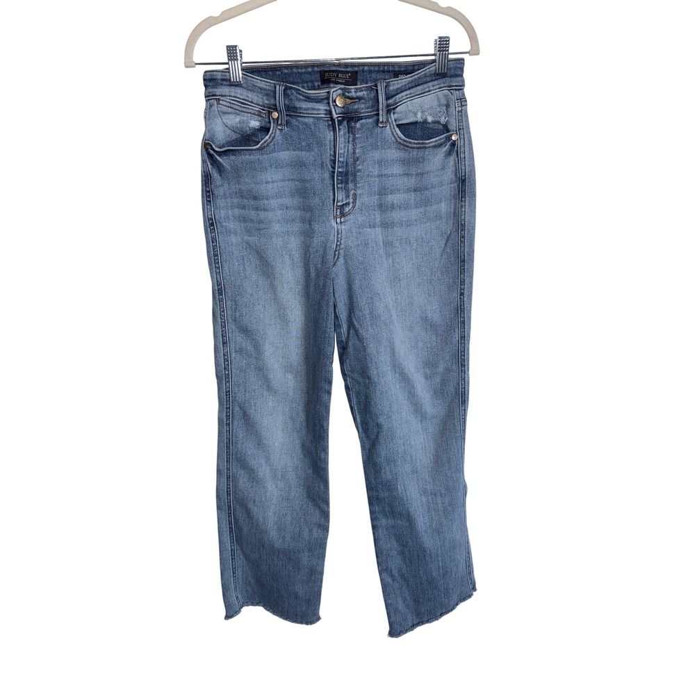 Judy Blue High Rise Dad Jean Medium Wash Distressed Raw Hem Size 9/29 Womens - Picture 2 of 12
